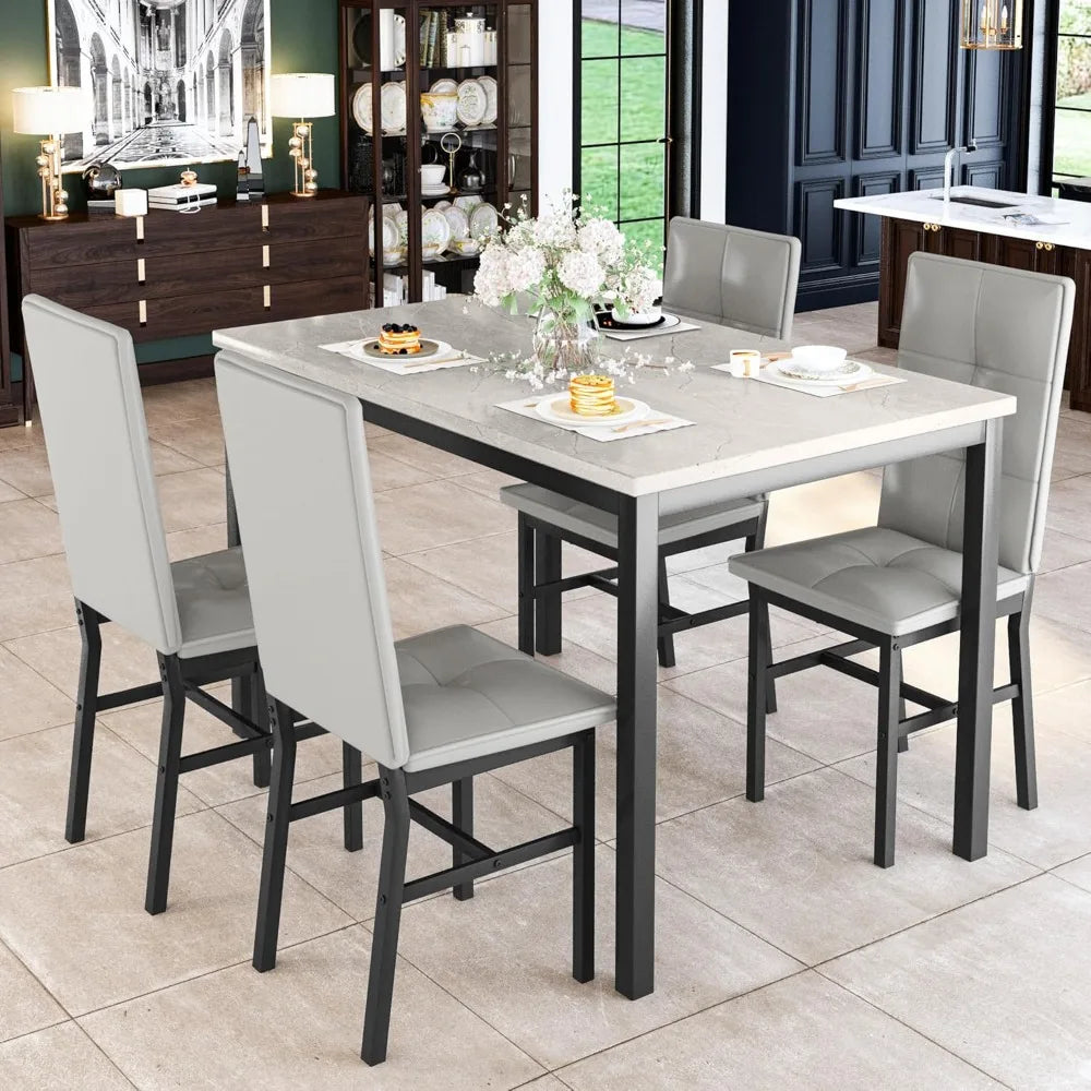 4-person Dining Table Set, Modern Artificial Marble Dining Table with 4 PU Leather Chairs, 5-piece Small Dining Table Set