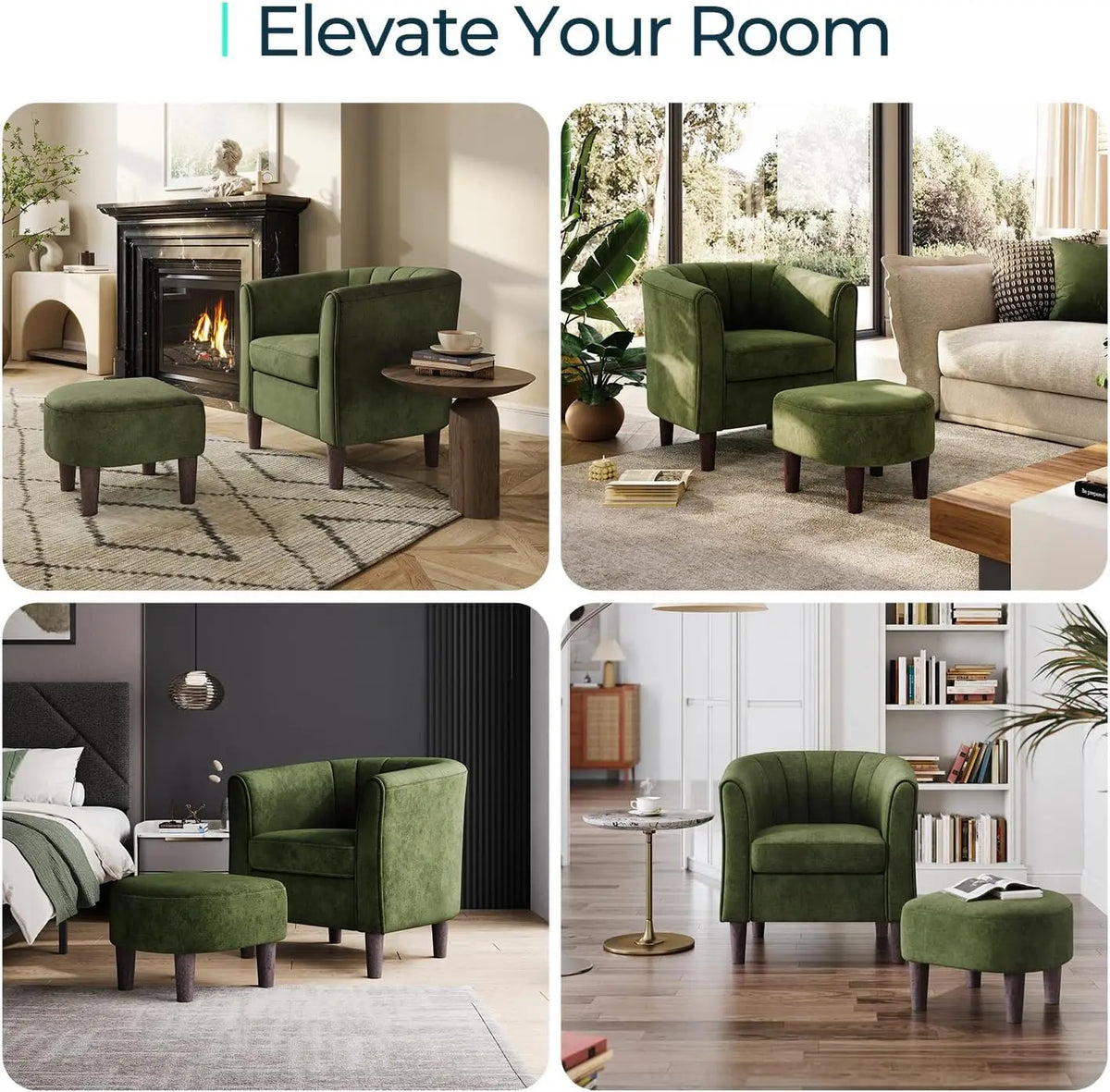 Modern Velvet Accent Chair with Ottoman, Comfy Barrel Reading Armchair for Living Room Bedroom in Olive Green