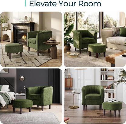 Modern Velvet Accent Chair with Ottoman, Comfy Barrel Reading Armchair for Living Room Bedroom in Olive Green