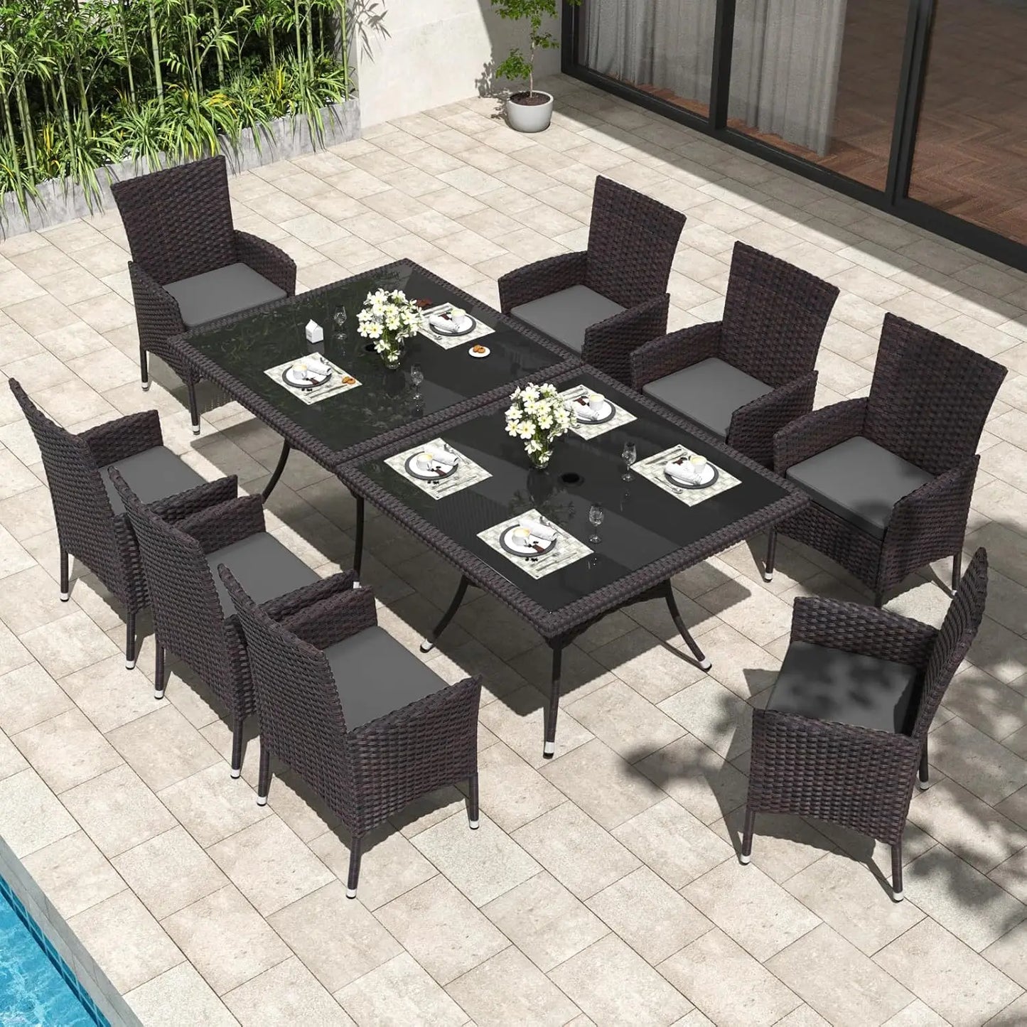 10 Piece Patio Dining Set All-Weather Wicker Outdoor Patio Furniture Set w/Tempered Glass Tabletop, Removable Cushions and Umbre