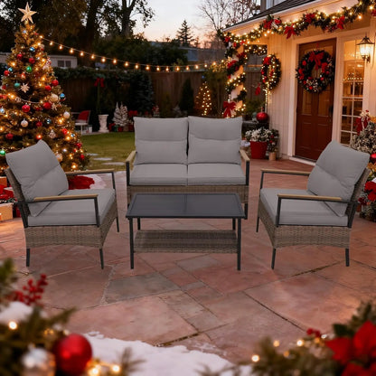 Outdoor Patio Furniture Set, Outdoor Conversation Set, Rattan Wicker Sofa, Loveseat, 2 Patio Chairs and Coffee Tabl