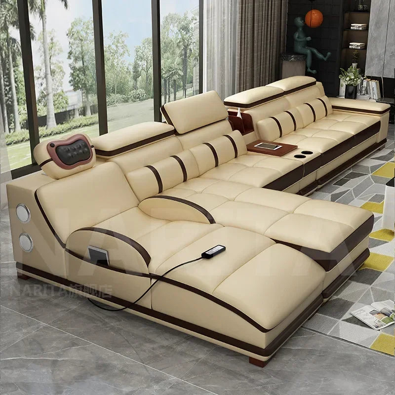 Genuine leather sofa massage seat, cowhide multifunctional living room furniture, leather art storage, sofa combination