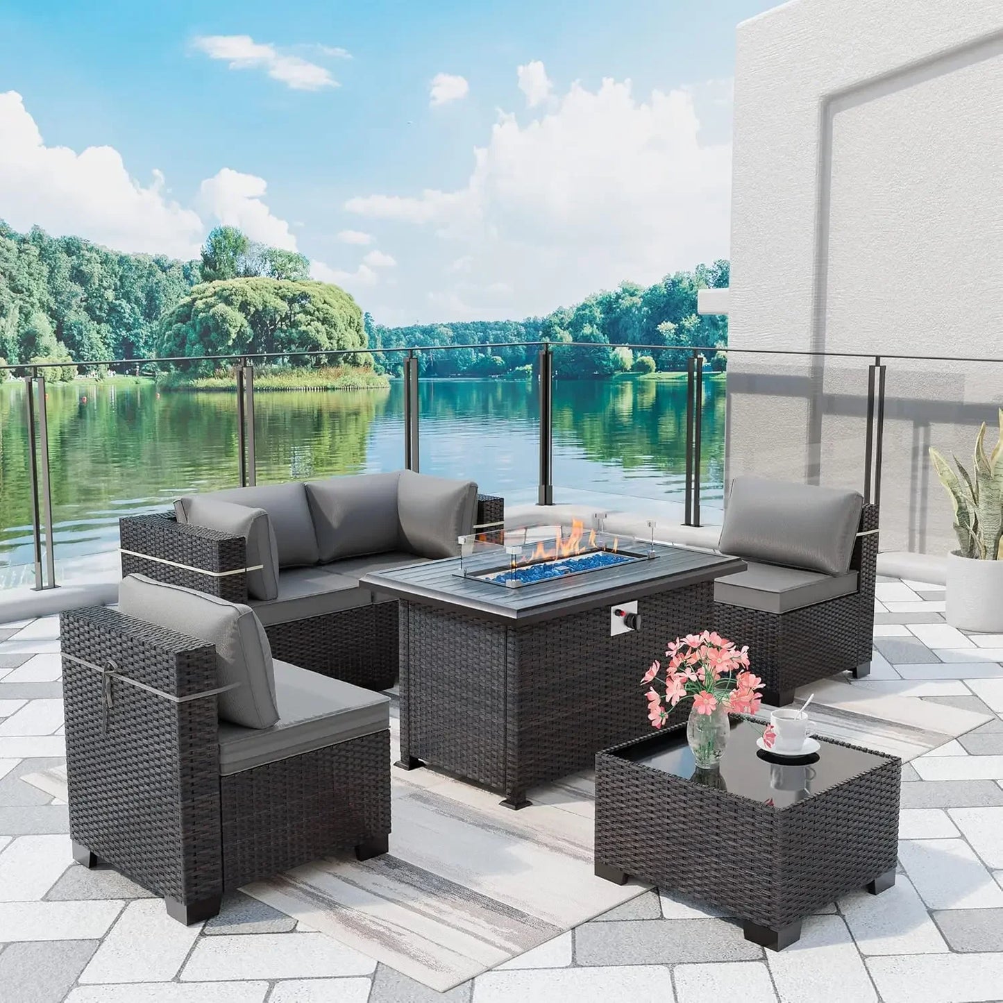 Outdoor Patio Furniture Se,  6 Pieces Outdoor Furniture Patio Sectional Sofa s w/43 Propane Gas Firepit   Coffee
