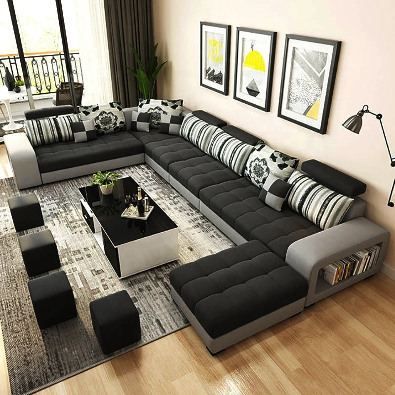 European Luxury Living Room Sofas 7 Seater U Shaped Home Furniture Wooden Fabric Armchair Corner Recliner Sectional  Sofa Set