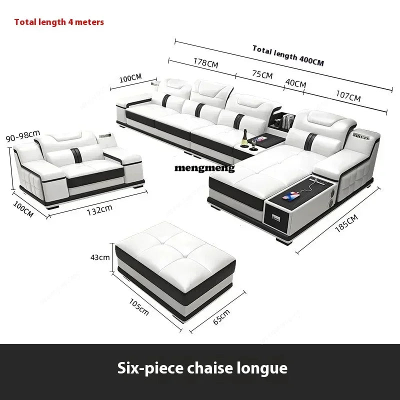 Luxury Italian Genuine Leather Sectional Sofa Set With Bluetooth Speaker And USB Ports Cow Leather Divano Living Room Furniture