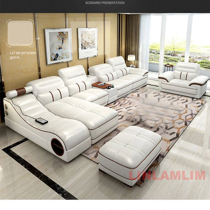 Modern Luxury Sectional Sofa Set with Chaise Lounge – Italian Genuine Leather Couch with Speakers, USB Port