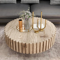 Round Wood Coffee Table for Living Room Modern Rustic Fluted Solid Wood Coffee Table Pedestal Center Table Circle Tea Tables