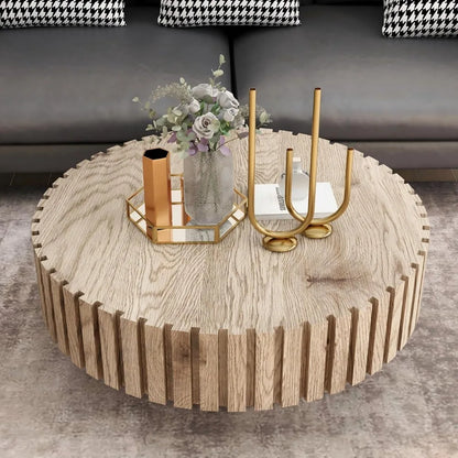 Round Wood Coffee Table for Living Room Modern Rustic Fluted Solid Wood Coffee Table Pedestal Center Table Circle Tea Tables