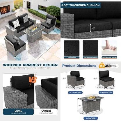 gray wicker outdoor sectional sofa set with 5-piece patio furniture and fire pit table
