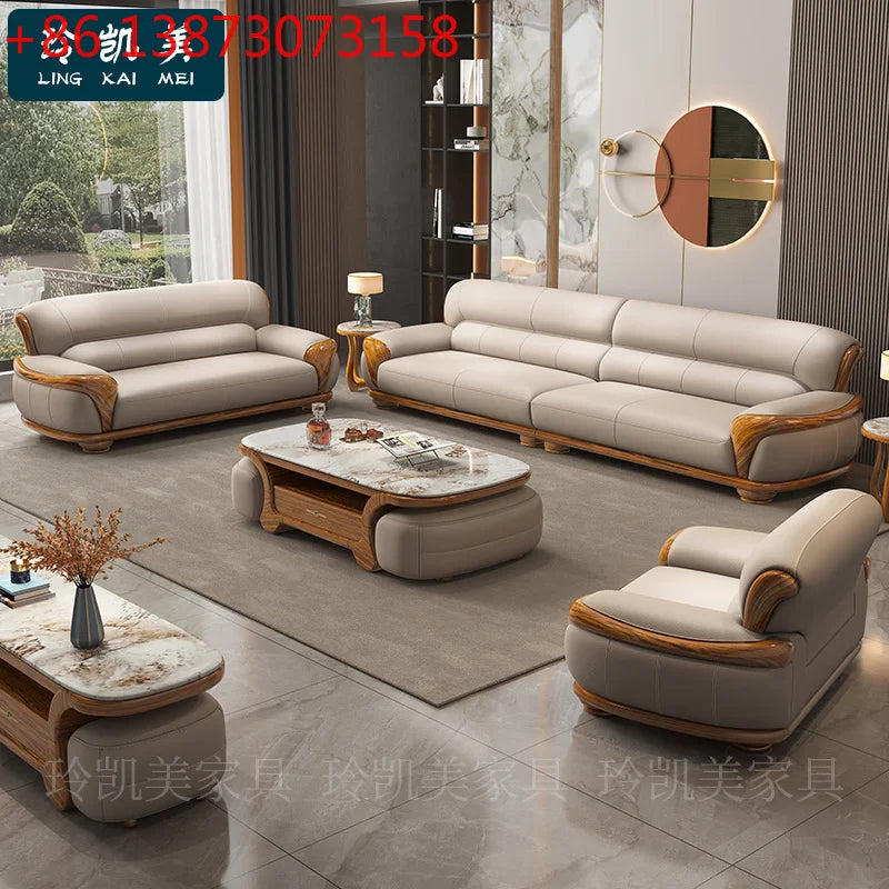New Chinese ebony leather sofa living room combination size apartment first layer cowhide straight row sofa
