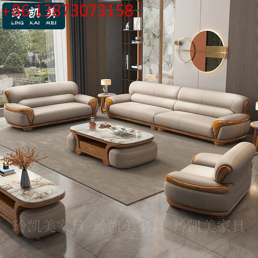 New Chinese ebony leather sofa living room combination size apartment first layer cowhide straight row sofa