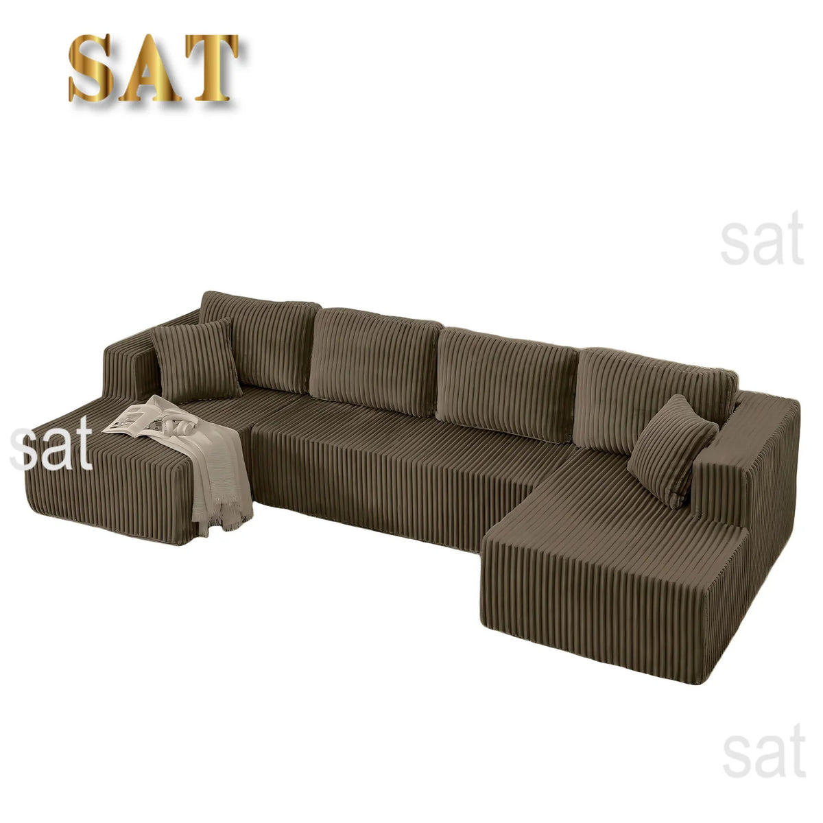 Comfy Boneless Sectionals For Living Room, Plush Corduroy Couch With Comfy Chaise Lounge, U Shaped Sectionals Foam Couches