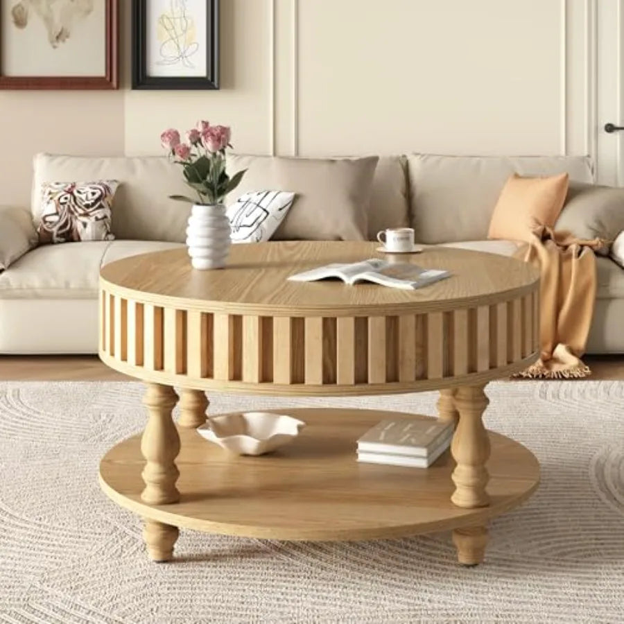 31.49'' Round Wood Coffee Table with Storage 2-Tier Circle Fluted Coffee Table Natural Rustic Center Table with Lid Shelf for L