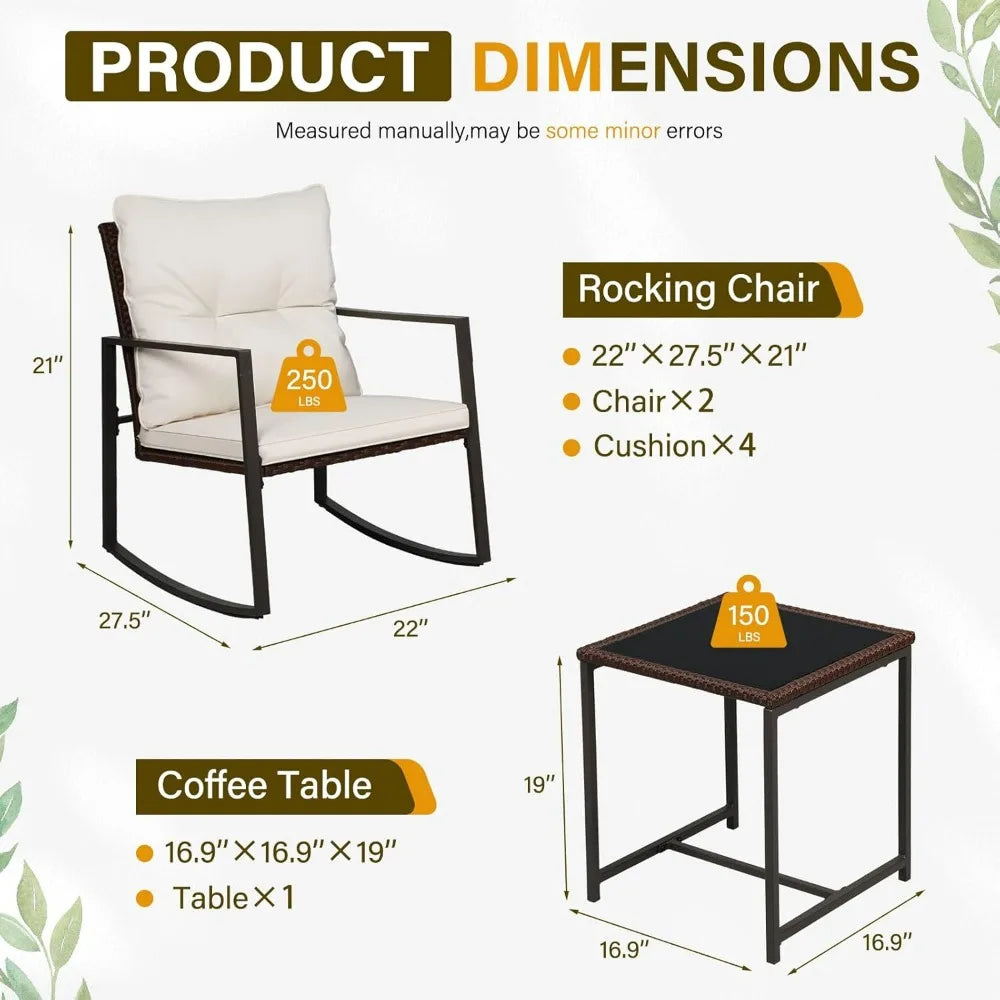 3-Piece Patio Bistro Set Outdoor Rocking Chairs Set Brown Wicker Porch Chairs with Glass Coffee Table, Beige Cushion