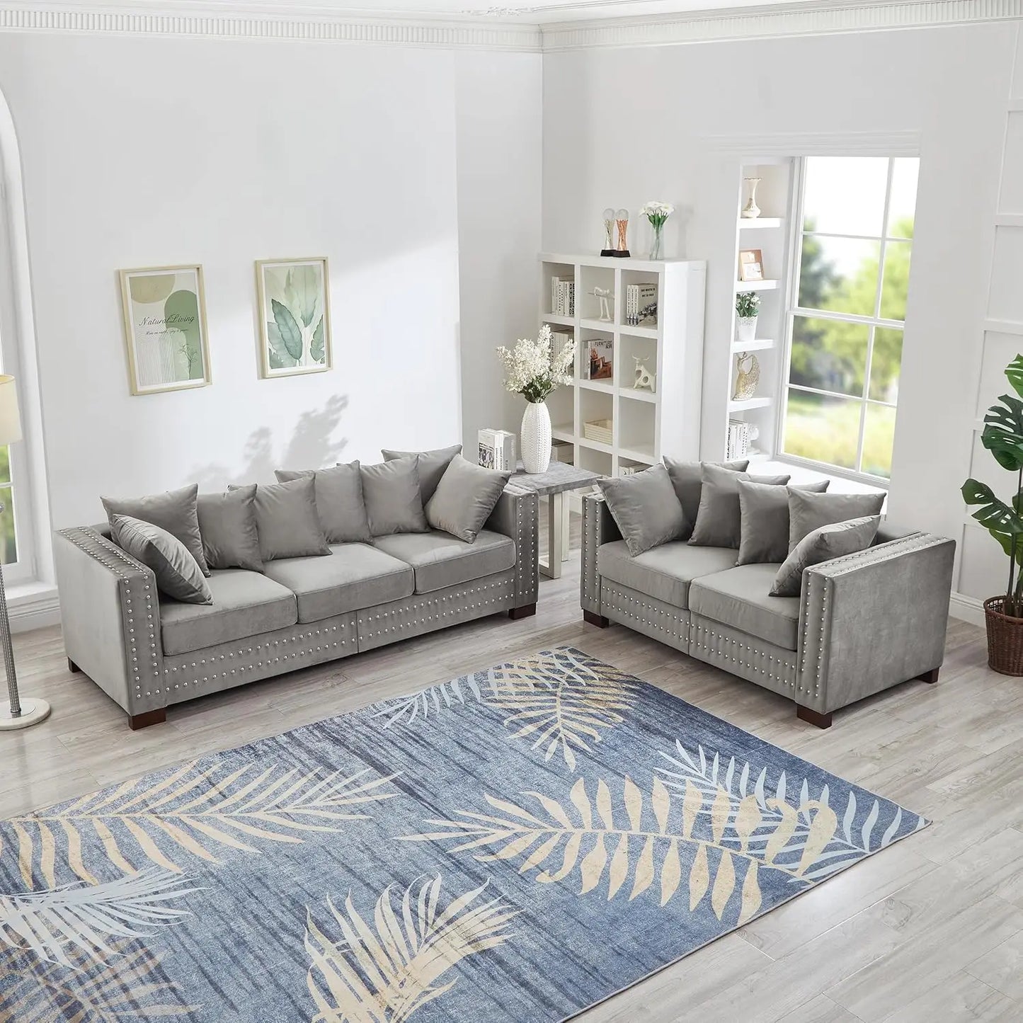 2-Piece Modern Velvet Upholstered 2+3 Seater Sofa Set with Storage Space, Loveseat and Sofa Couch with Silver Nail Trim