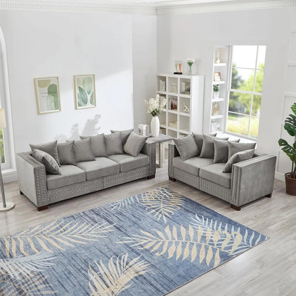 2-Piece Modern Velvet Upholstered 2+3 Seater Sofa Set with Storage Space, Loveseat and Sofa Couch with Silver Nail Trim