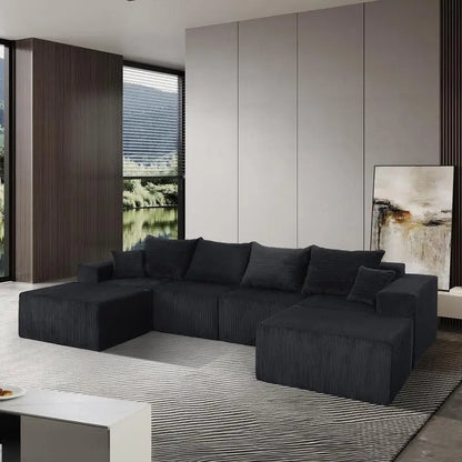 Modular U-Shaped Sectional Sofa in Black, Convertible Oversized Couch with Chaise Lounge, No Assembly Required, Soft Corduroy