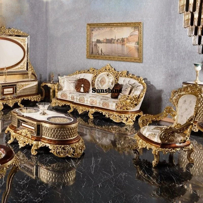 For Turkish Style Royal Antique Carved Solid Wood Sofa Set European Luxury Classic Home Living Room Furniture Sectional Sofa