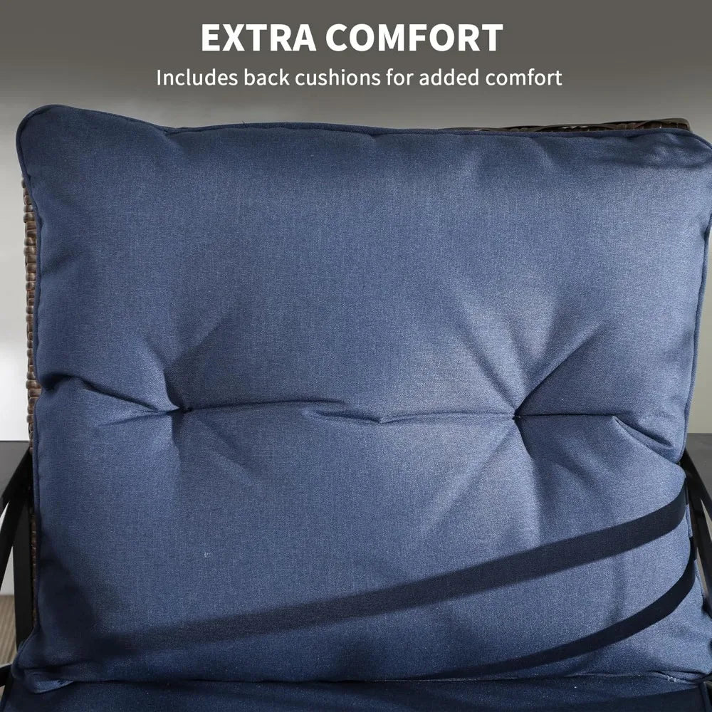 3-Piece Patio Rocking Chair Set with Cushions and Coffee Table for Outdoor Garden, Porch, Backyard in Dark Blue