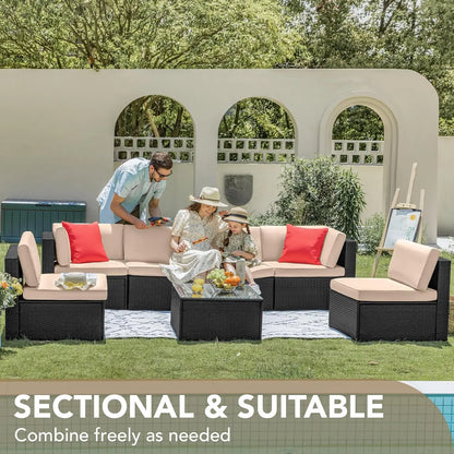 Sectional Sofa Patio Furniture Sets Manual Weaving Wicker Rattan Patio Conversation Sets with Cushion and Glass Table