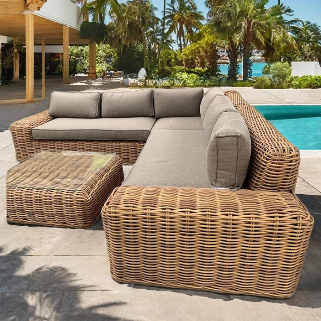 Factory Sale High Quality Outdoor Courtyard Metal Frame Rattan Wicker L-shape Garden Sofa Set