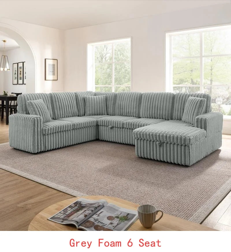 Grey Corduroy Striped Upholstered Sofa, Modern Minimalist U-shaped Sectional Sofa with Pull-out Bed & Storage Chaise, Soft and