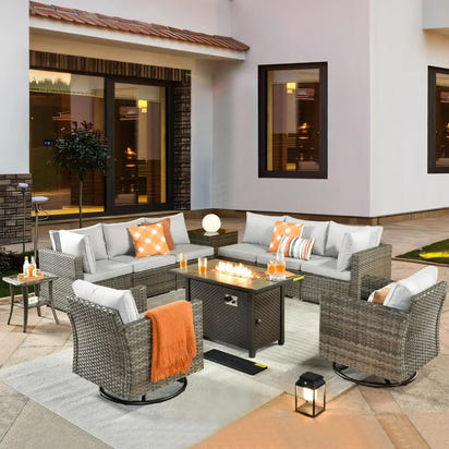 Outdoor Patio Furniture Set with Fire Pit Table,Conversation Sectional Wicker Couch with Modern Outside Sofa  for Balcony