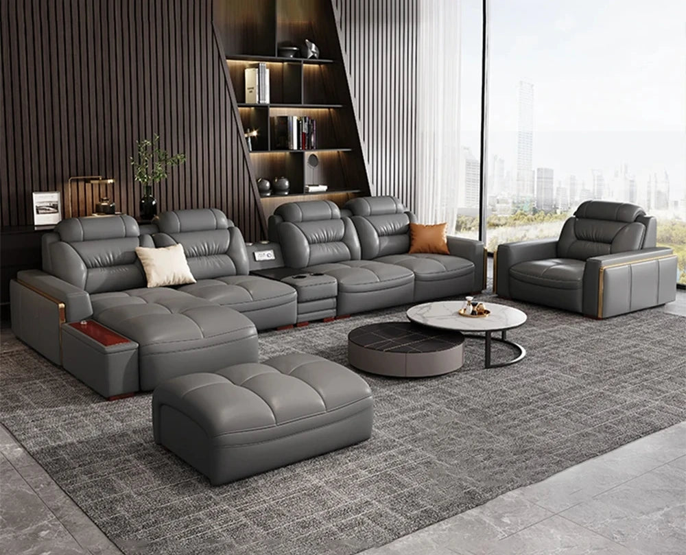 Premium  Italian Genuine Leather Sectional Sofa Sets Couch Sofas with USB and Bluetooth Speaker
