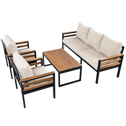 GO 4-Piece Outdoor Furniture Sofa Set for 5 People with Acacia Wood Armrests Patio Conversation Set with Removable Cushion