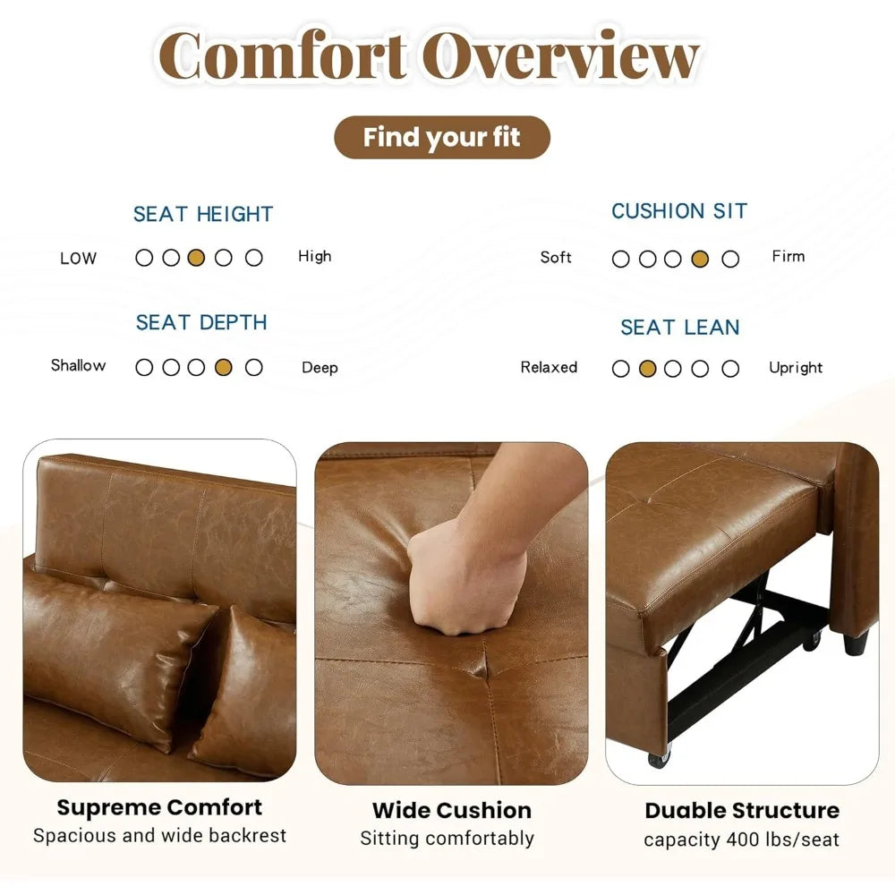 Oversized Adjustable Armchair Sleeper Sofa with USB Ports, Convertible Leather Sofa Bed for Apartments