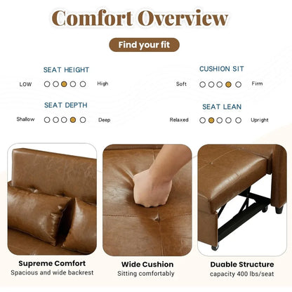 Oversized Adjustable Armchair Sleeper Sofa with USB Ports, Convertible Leather Sofa Bed for Apartments