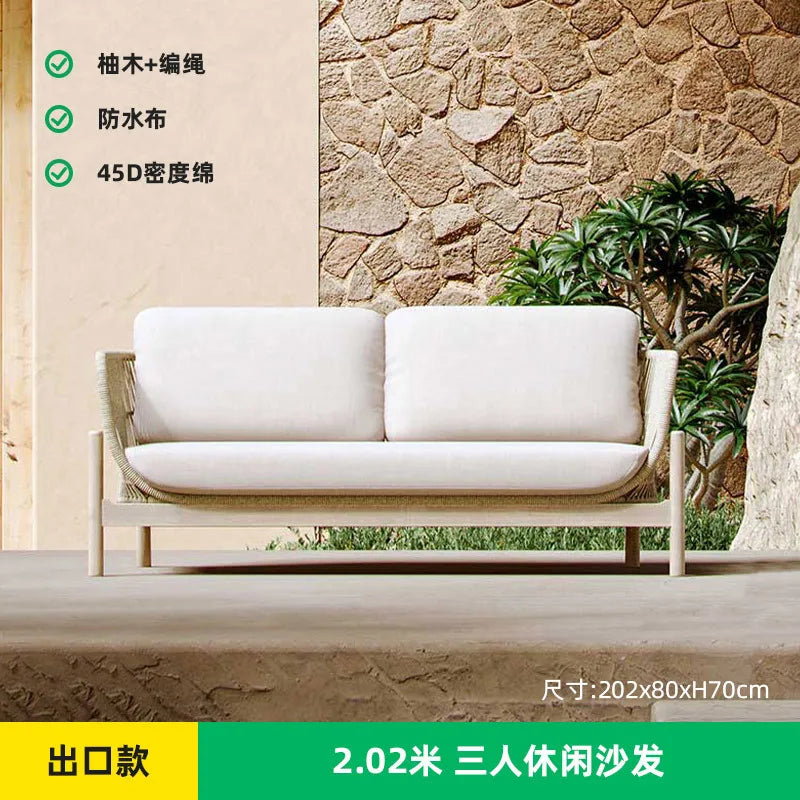 Outdoor sofa courtyard rattan teak outdoor garden villa hotel waterproof and sun protection homestay solid wood sofa furniture