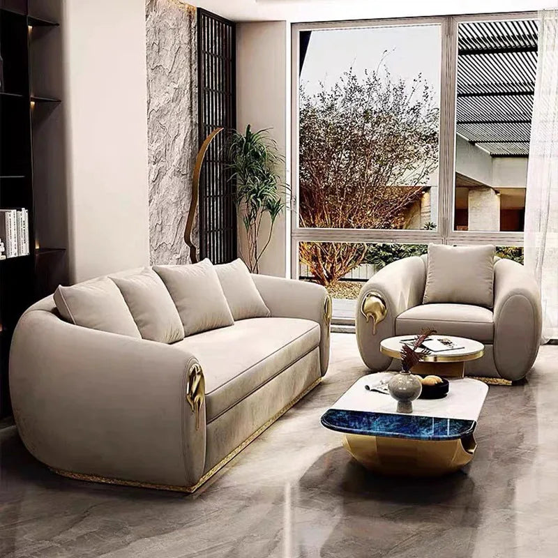 Italian light luxury leather sofa, high end designer villa living room home sofa