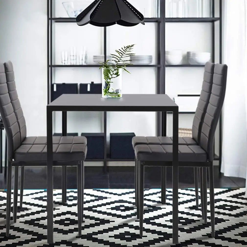5-Piece Dining Table Set, Rectangular Black Glass Table with 4 Faux Leather Metal Chairs, Modern for Small Spaces
