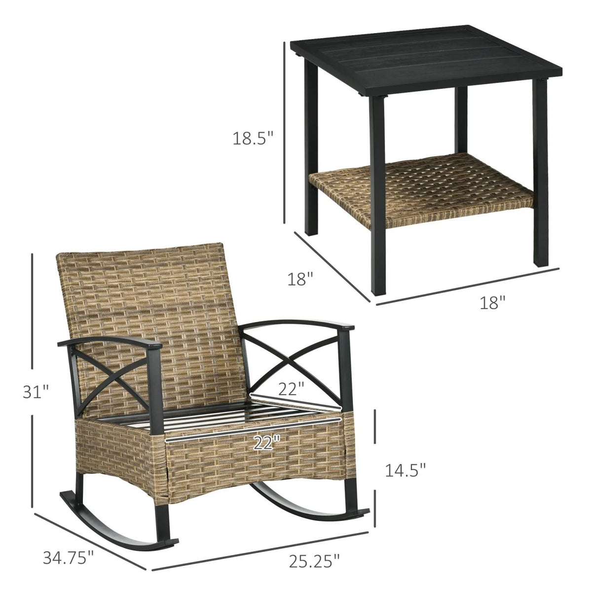 Outsunny Rocking Bistro Set 3PC Wicker Outdoor Furniture with Rocker Chairs Cushions Coffee Table Light Grey