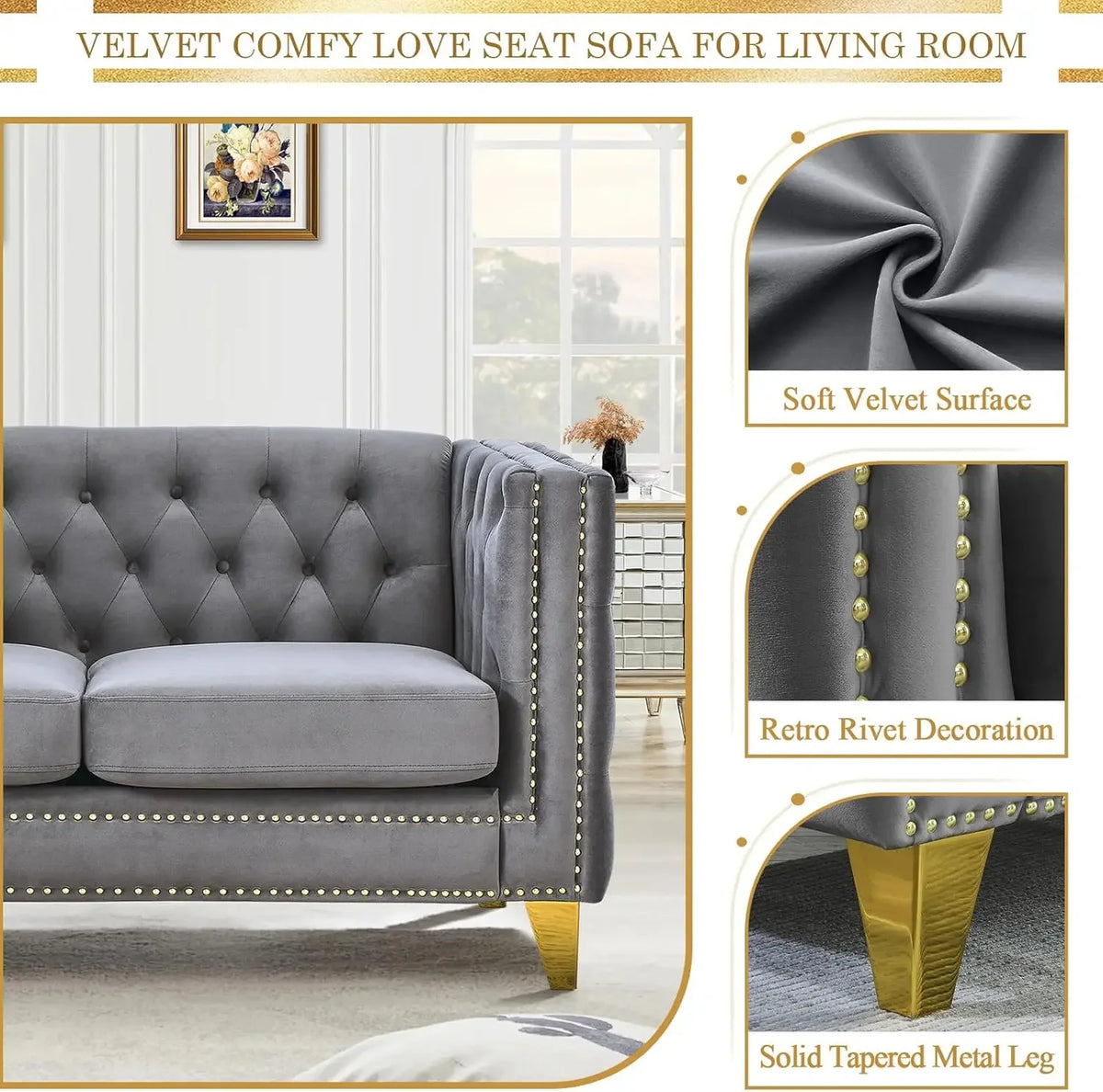 [Best Seller!]Velvet Living Room Sofa Set of 2, Comfy Loveseat and 3 Seater Couch, Modern Sofa with Tufted Back and Rivet Decora