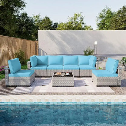 7 Piece Garden Furniture Set, Outdoor with Thick Cushions, Modular Rattan Garden Sofa, Anti-Rust Frame, Garden Furniture Set