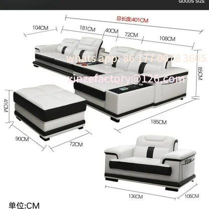 Customizable Modern Living Room Sofas L Shape Corner Genuine Leather Couch with Speake,Radio,USB, Bluetooth, Cup Holder