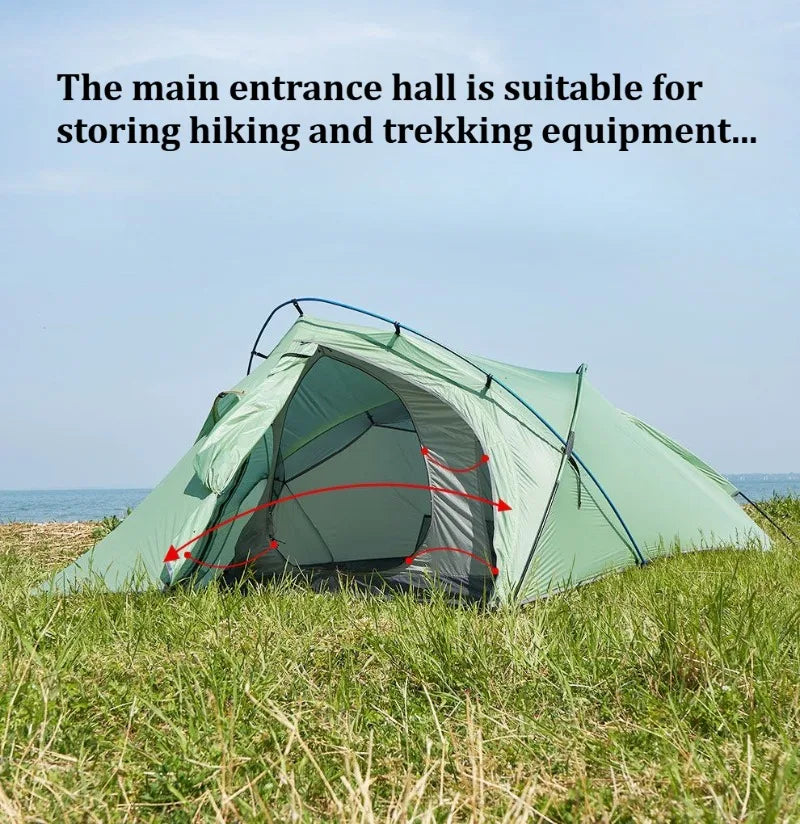 2 Person Ultralight Backpacking Tent 1.69kg 5000mm Waterproof 10D Nylon Triple Cross Pole Tent for Camping Hiking Trekking