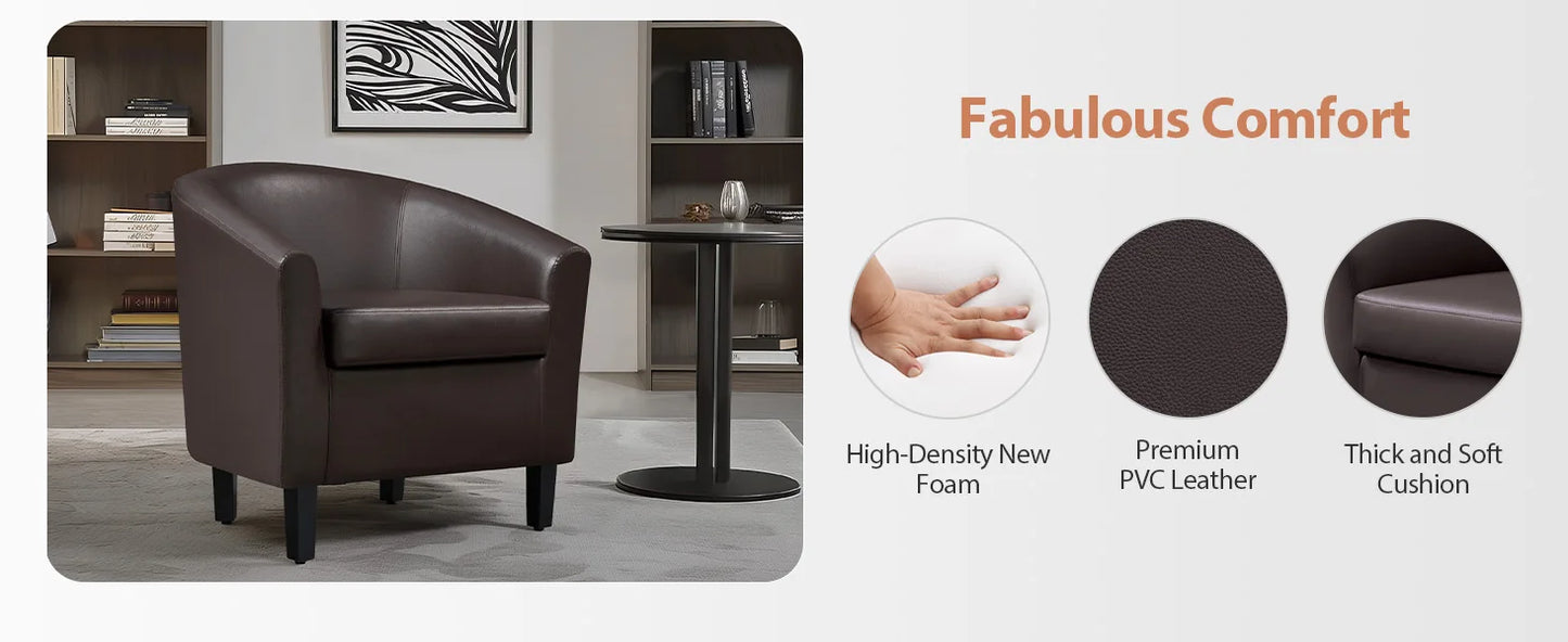 Leather Club Chair, Faux Leather Accent Chair, Modern Living Room Armchair with Wood Legs and Padded Seat for Bedroom Reception
