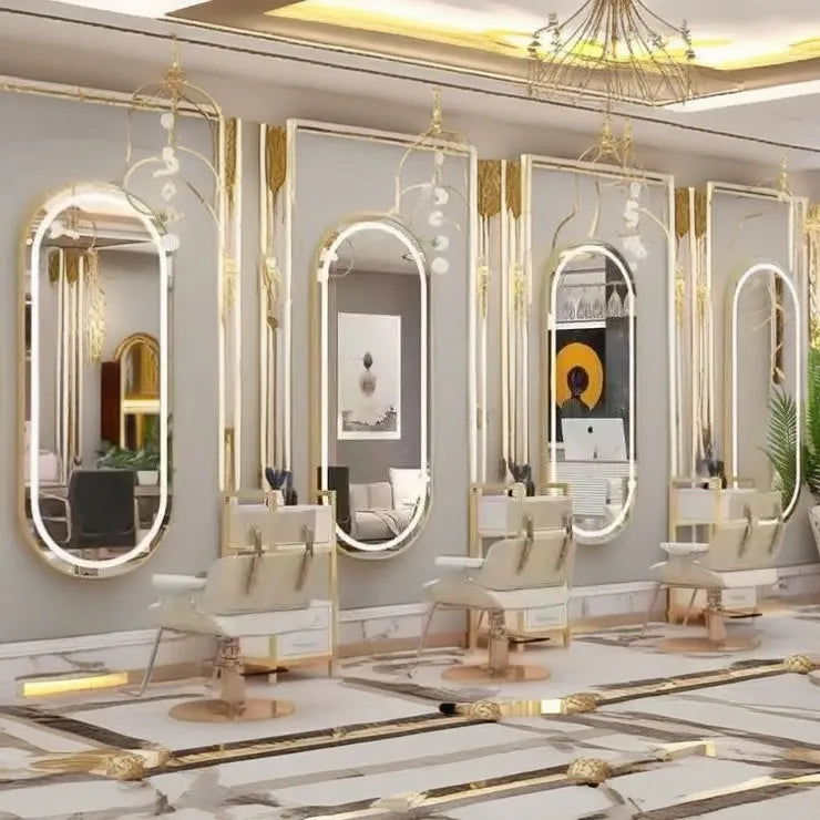 Luxury Gold Frame Barber Station LED Big Best Selling Table Cabinet Salon Mirror with Chair