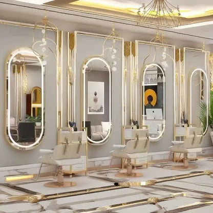 Luxury Gold Frame Barber Station LED Big Best Selling Table Cabinet Salon Mirror with Chair