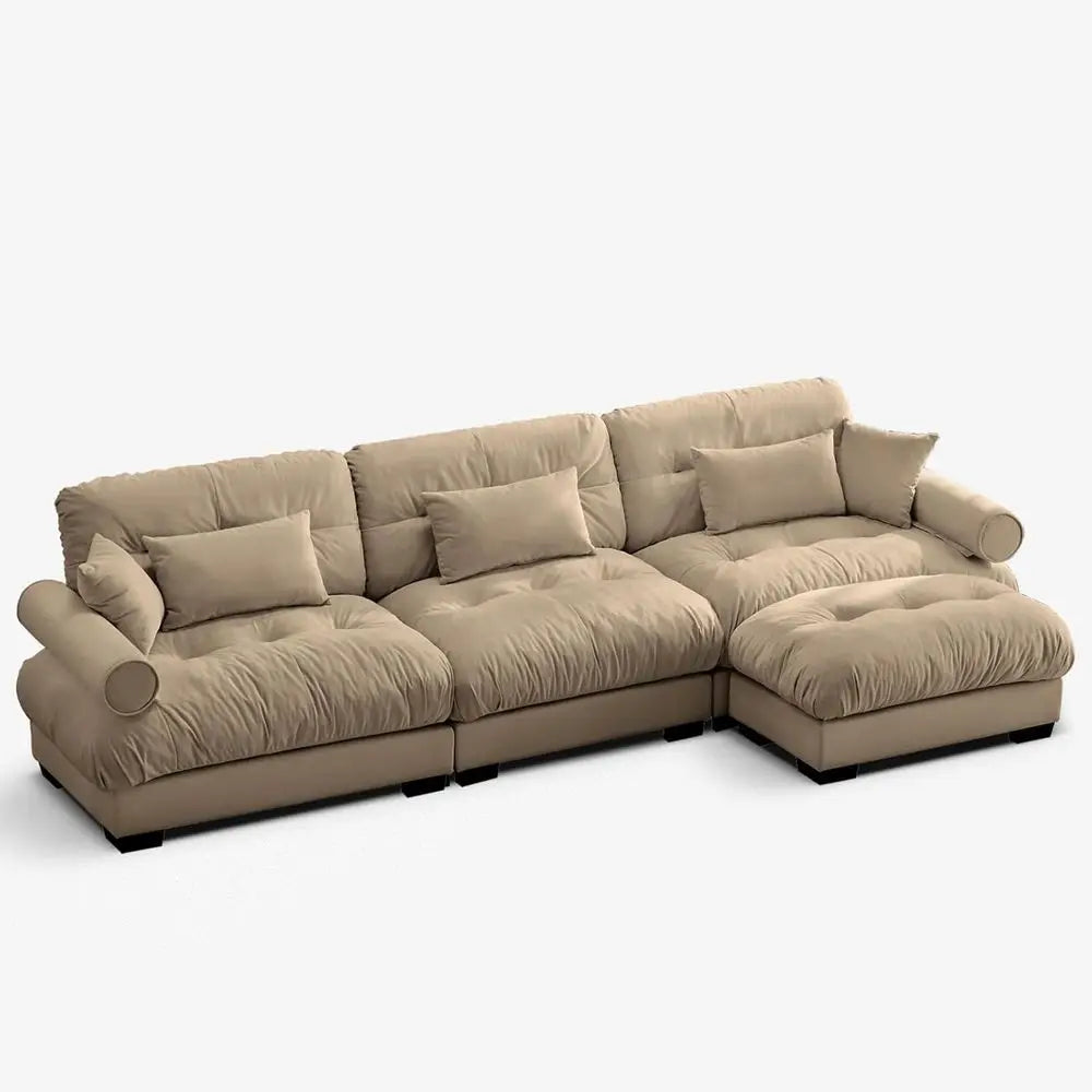 Camel Velvet 3-Seat Cloud Sectional Sofa with Ottoman, 130 L-Shaped Couch for Family Living Room, Pet-Friendly, Deep Seating, Hi