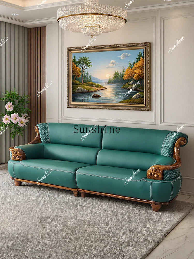 New Chinese-style thick leather sofa with solid wood 123 living room combination large apartment villa furniture  FT