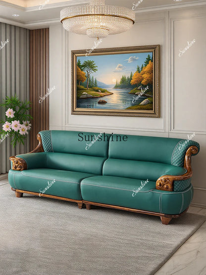 New Chinese-style thick leather sofa with solid wood 123 living room combination large apartment villa furniture  FT