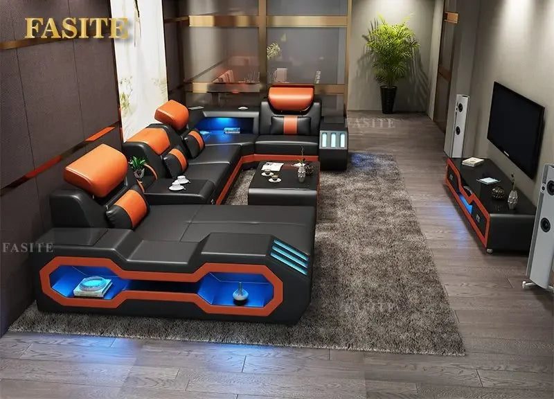 Modern Living Room Sofa Set Genuine Leather Sofas with USB Music Speaker