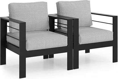 Patio Furniture Metal Armchair,2 PCS All-Weather Aluminum Garden Outdoor Contemporary Sofa Chair with Cushions, Light Grey