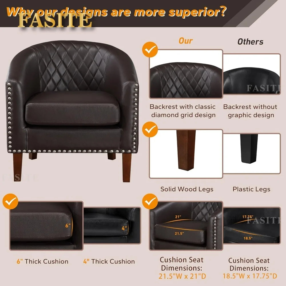Nordic luxury Comfy Barrel Accent Chair Set, Grid Backrest Diamond, Faux Leather with Cushion for Living Room Club