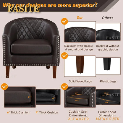 Nordic luxury Comfy Barrel Accent Chair Set, Grid Backrest Diamond, Faux Leather with Cushion for Living Room Club