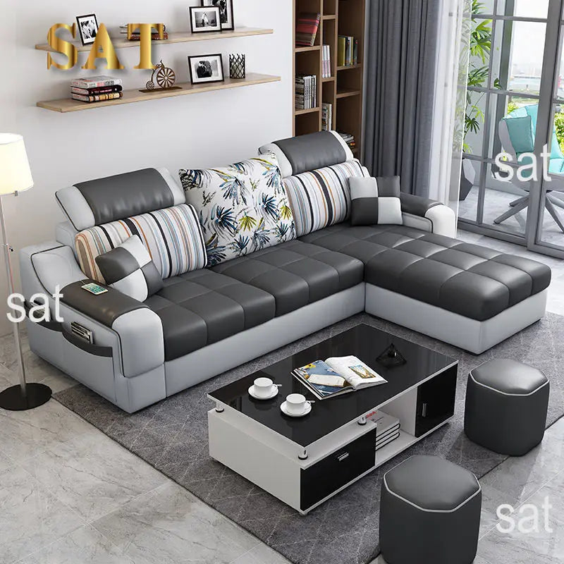 American Style Chaise Couch L Shaped Modular Living Room Synthetic Leather Sofa